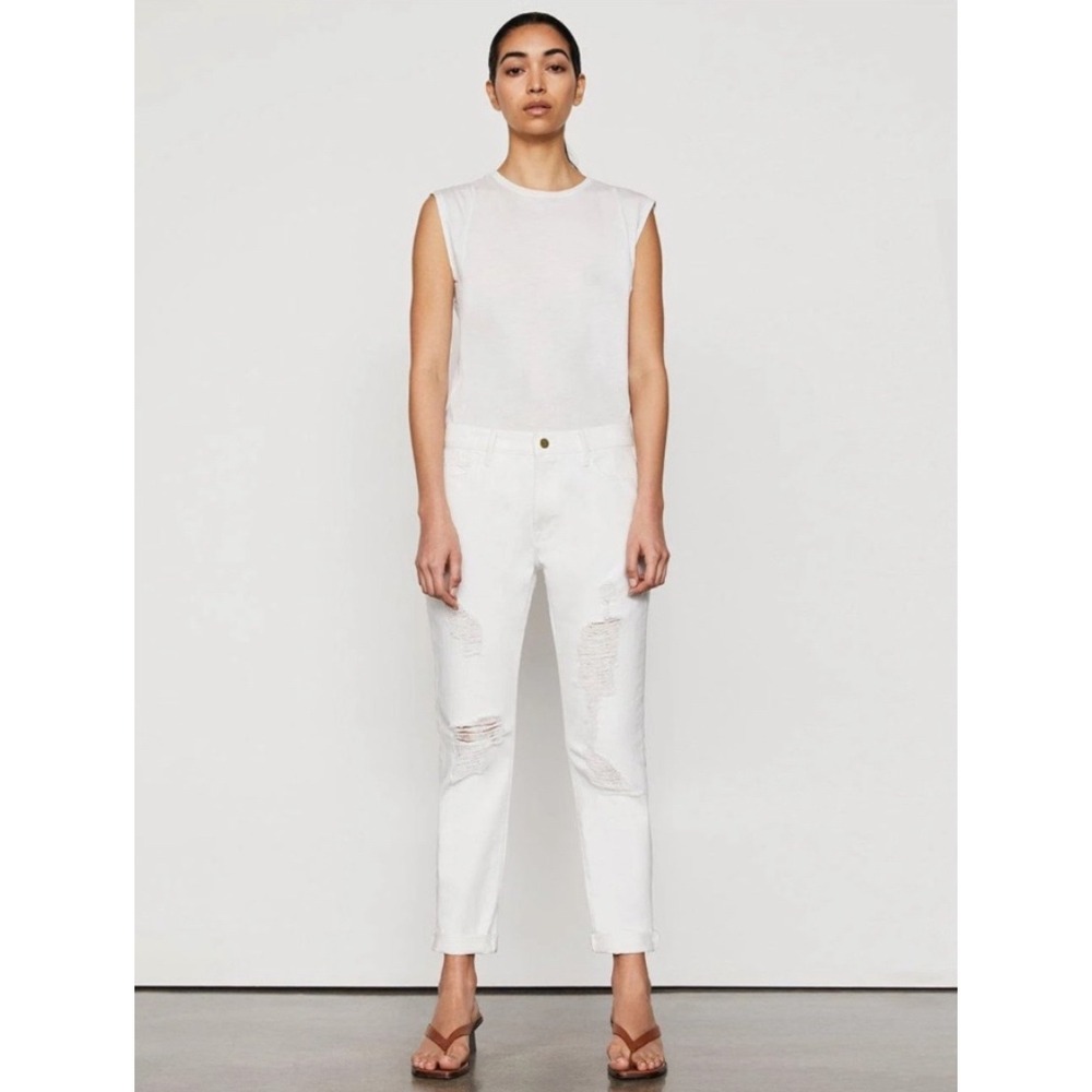 FRAME Denim Le Garcon Distressed Boyfriend Jeans 24 White Rumpled Blanc Rips